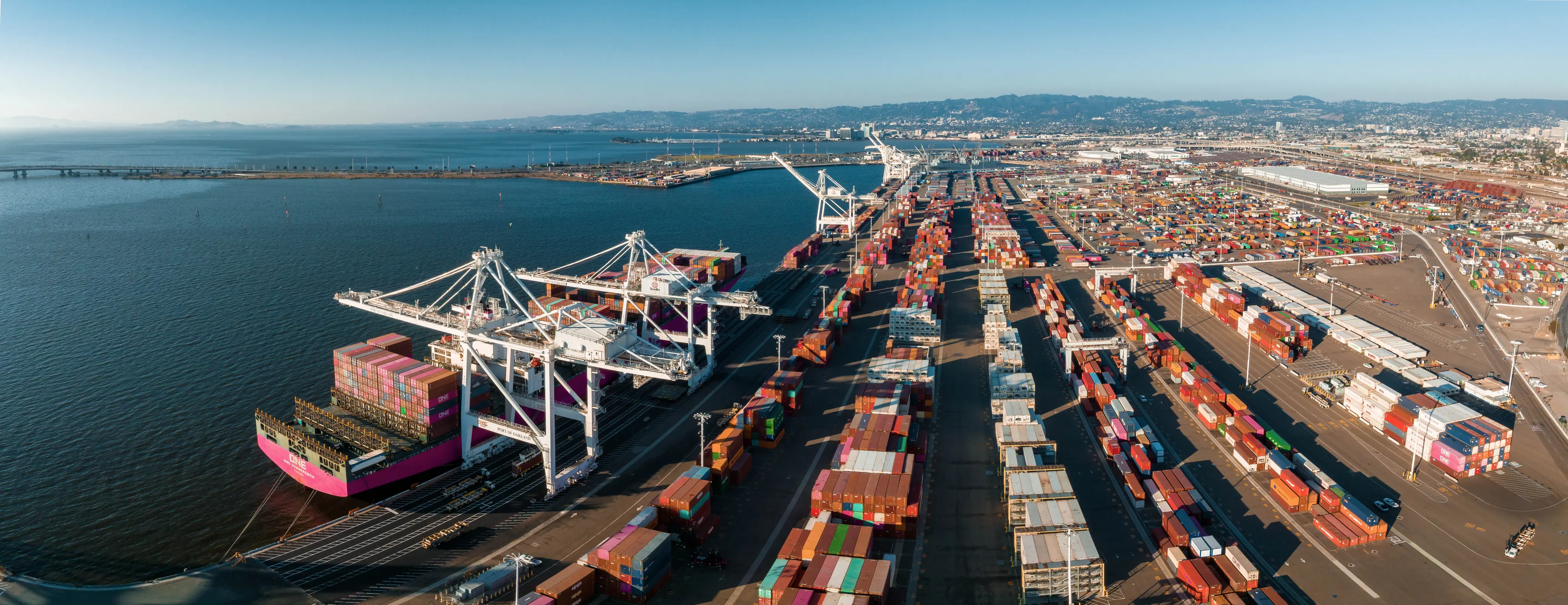 Harbor with shipping containers and cranes